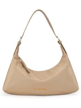 Women's Tan Leather Trendy Clutch Shoulder Tote Handbag with Zipper Closure